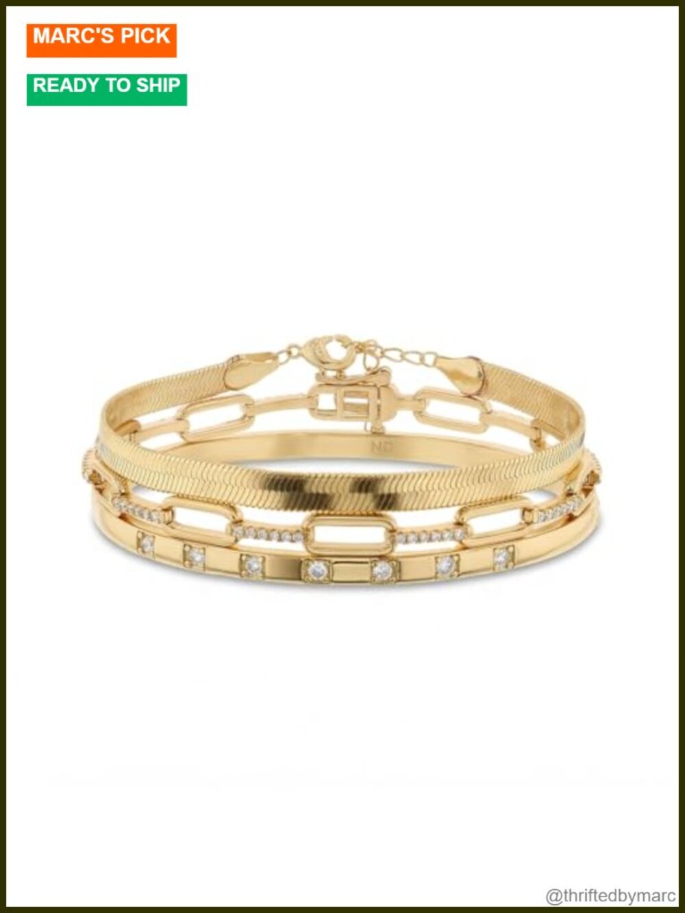 14K Yellow Gold Plated Waterproof CZ Paperclip Chain Bangle Bracelet Set